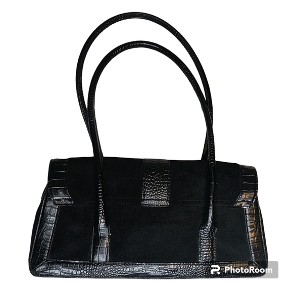 Ann Taylor Handbag Black Leather Suede  Double Handles Multiple Pockets A83 - Picture 13 of 14